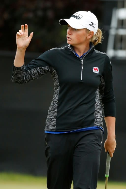 Stacy Lewis of the US reacts to a birdie on the 18th green during the first round of the LPGA Volvik Championship, at Travis Pointe Country Club Ann Arbor, Michigan, on May 25, 2017