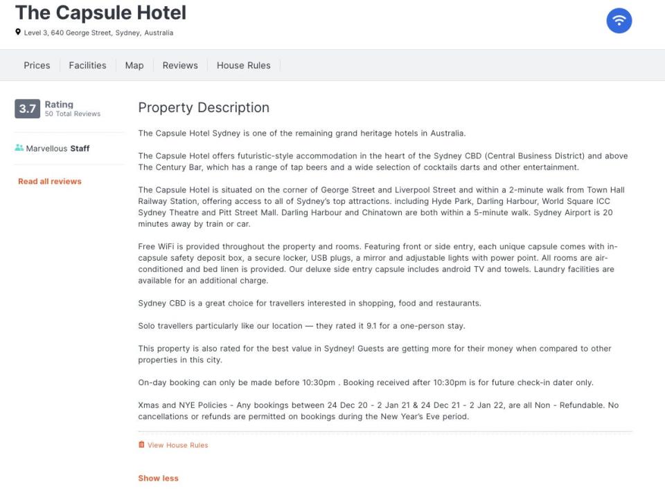The description of The Capsule Hotel on HostelWorld.