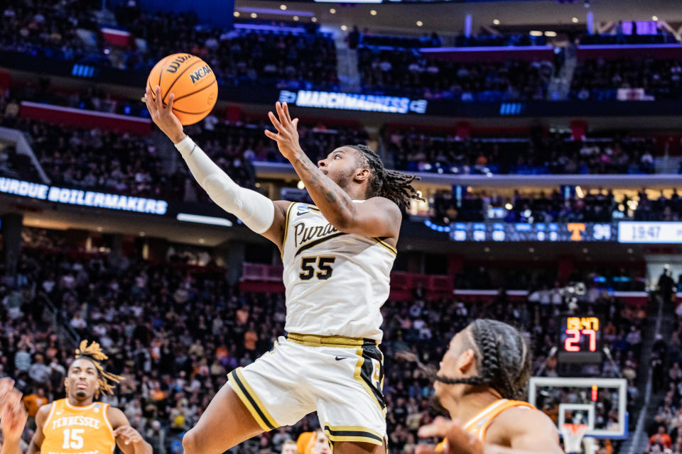 DETROIT, UNITED STATES - 2024/03/31: Lance Jones of the Purdue Boilermakers in action against the Tennessee Volunteers in the Elite Eight round of the NCAA Men's Basketball Tournament at Little Caesars Arena. Final score; Purdue 72-66 Tennessee. (Photo by Nicholas Muller/SOPA Images/LightRocket via Getty Images)