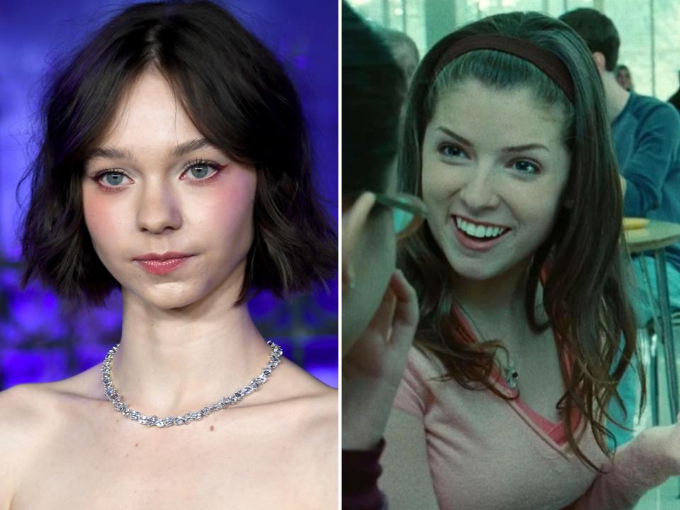 left: emma meyers with short brown hair and a necklace; right: anna kendrick as jessica in twilight