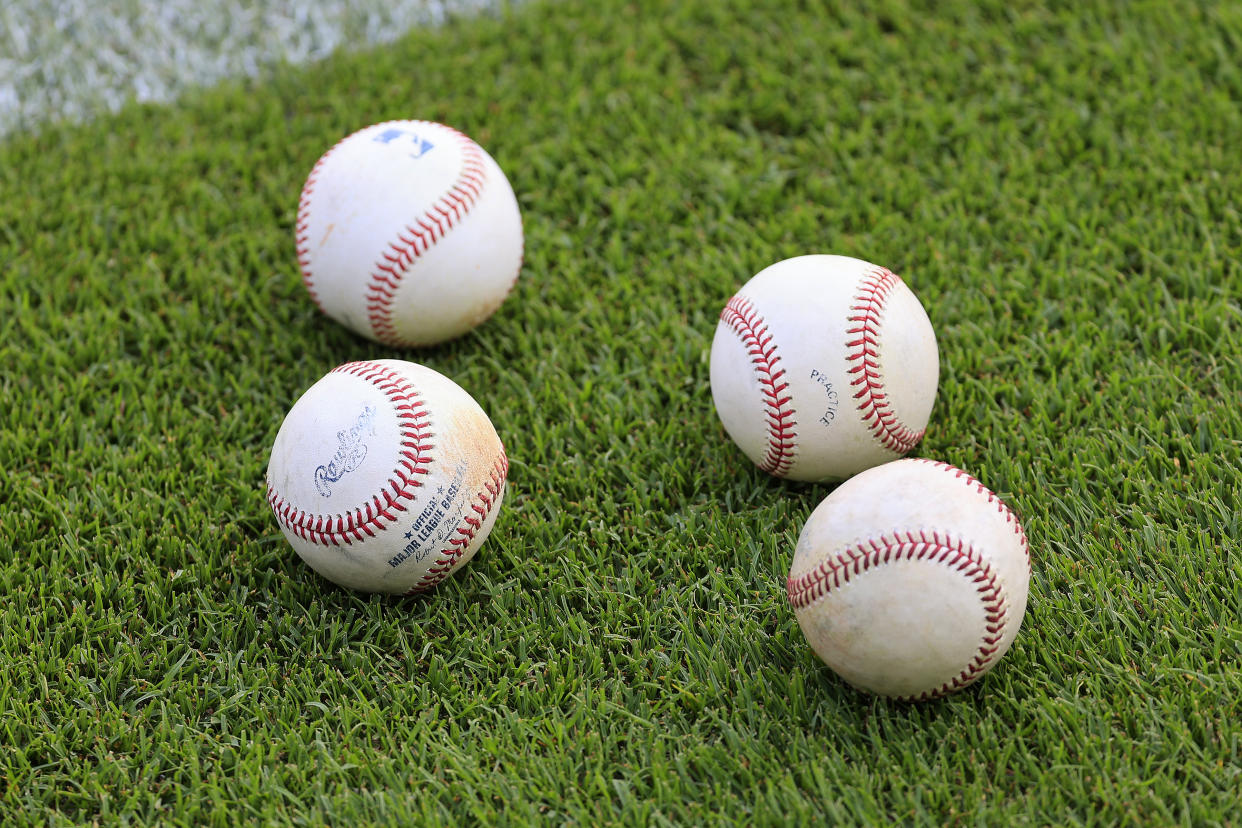 ATLANTA, GA - SEPTEMBER 07: Rawlings baseballs on the field before the Tuesday night MLB game between the Atlanta Braves and the Washington Nationals on September 07, 2021 at Truist Park in Atlanta, Georgia.   (Photo by David J. Griffin/Icon Sportswire via Getty Images)