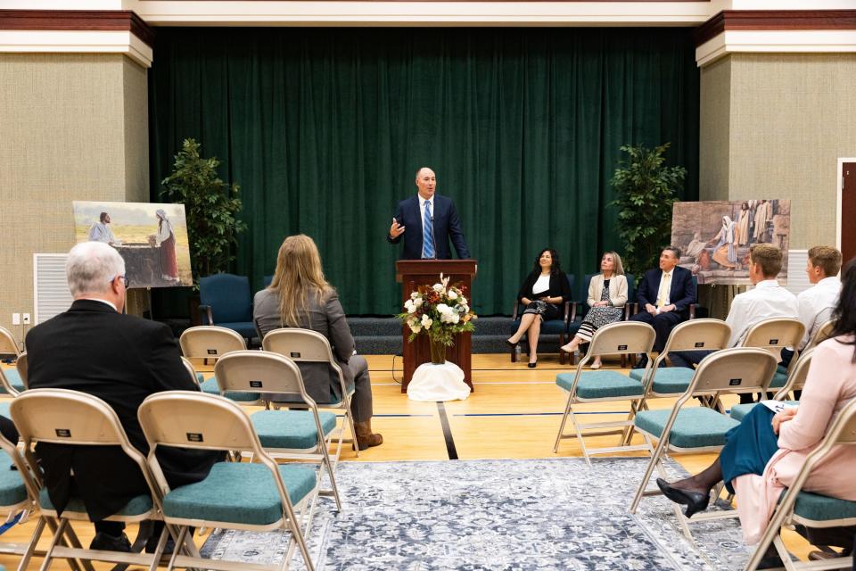 Chad Wayne Lewis speaks at a media briefing at a chapel across from the Orem Utah Temple in Orem on Monday, Oct. 23, 2023. | Megan Nielsen, Deseret News