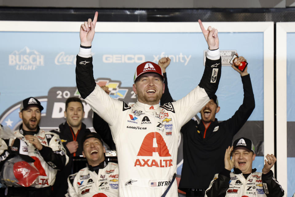 DAYTONA BEACH, FLORIDA - FEBRUARY 19: William Byron, driver of the #24 Axalta Chevrolet, celebrates in victory lane after winning the NASCAR Cup Series Daytona 500 at Daytona International Speedway on February 19, 2024 in Daytona Beach, Florida. (Photo by Chris Graythen/Getty Images)