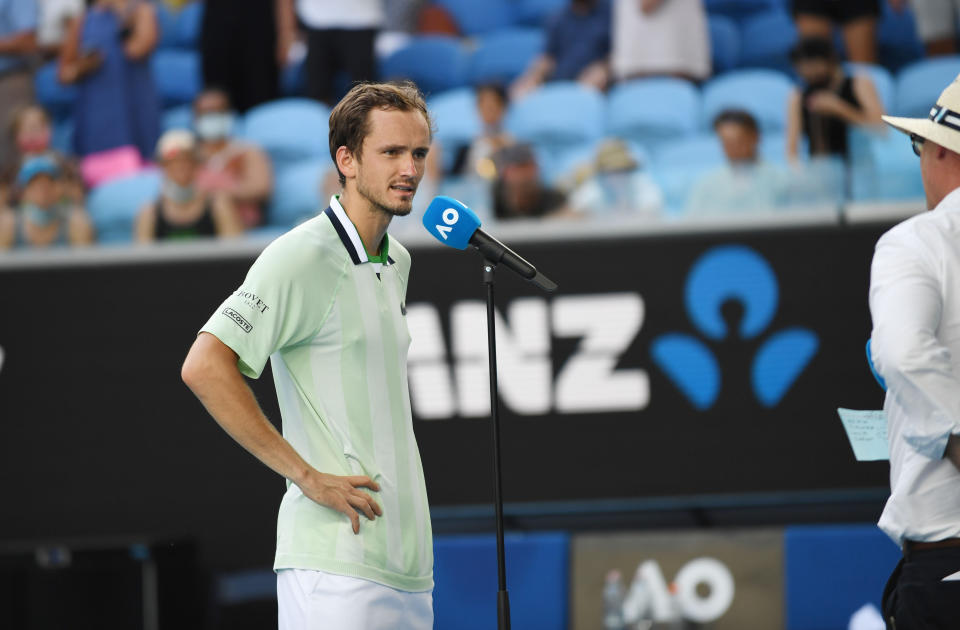 Daniil Medvedev, pictured here speaking on court after his win over Maxime Cressy at the Australian Open.