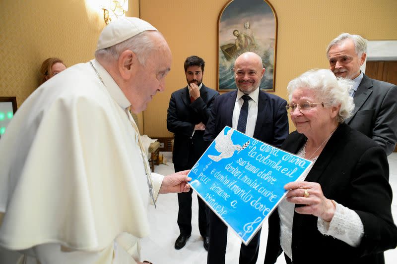 Pope Francis meets with Roseline Hamel at the Vatican