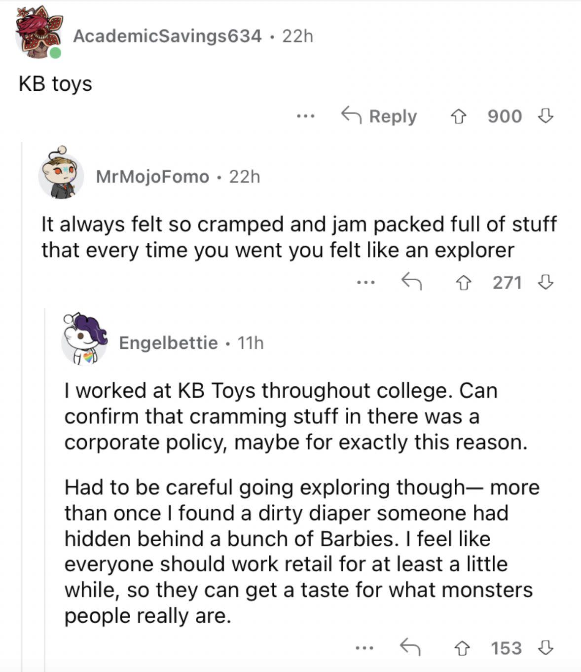Reddit screenshot about how KB toys was totally chaotic.