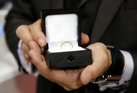 Package design company Sankyo's engagement ring box equipped with a spy-cam is displayed at the International Jewellery Tokyo trade show in Tokyo, Japan January 24, 2017. REUTERS/Toru Hanai