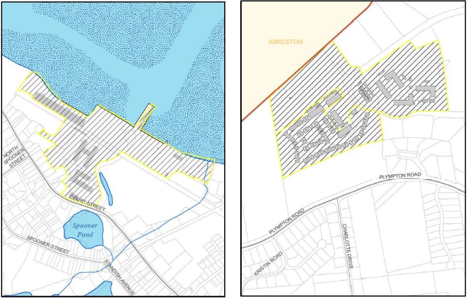 Outlined in yellow, two of Plymouth's four MBTA multifamily housing zoning overlay districts here cover a portion of Cordage Park to the Pier at Cordage and existing multifamily developments on Plaza Way near the Plymouth-Kingston border.