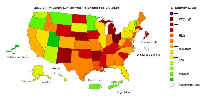 Ohio is one of five ranked "very high" for current influenza cases for the week ending Feb. 24, the most recent data available, joined by Michigan, Arkansas, Nebraska and New Mexico