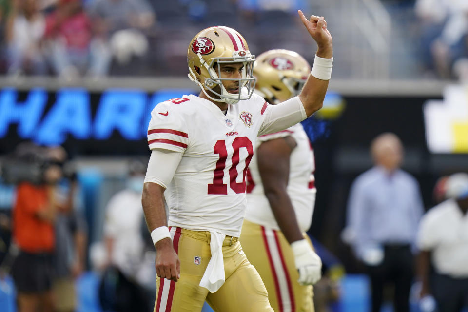 San Francisco 49ers quarterback Jimmy Garoppolo signals during the first half of a preseason NFL football game against the Los Angeles Chargers Sunday, Aug. 22, 2021, in Inglewood, Calif. (AP Photo/Jae C. Hong)