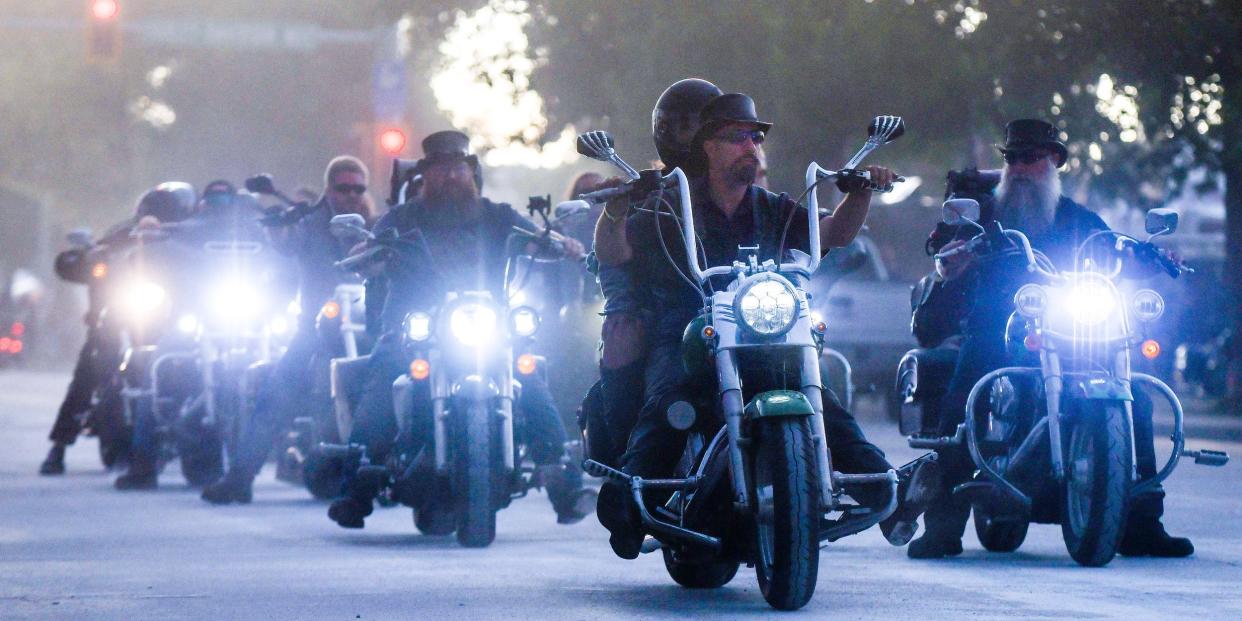 Motorcyclists ride down Lazelle Street during the 80th Annual Sturgis Motorcycle Rally in Sturgis, South Dakota on August 8, 2020. 