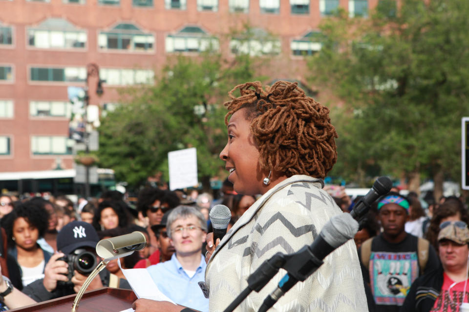 Kimberlé Crenshaw, Executive Director and Founder of The African American Policy Forum, offers opening remarks at the #SayHerName vigil in Union Square, NYC. May 20th, 2015.