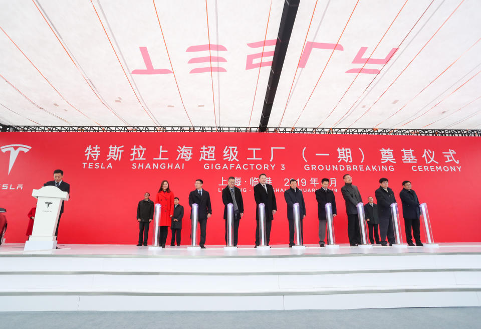 SHANGHAI, Jan. 7, 2019 --     Guests attend the groundbreaking ceremony of Tesla Shanghai gigafactory in Shanghai, east China, Jan. 7, 2019.     (Xinhua/Ding Ting) (Xinhua/ via Getty Images)