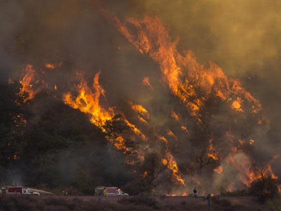 Flames spread up a hillside near firefighters at the Blue Cut Fire near Wrightwood, California (Getty Images)