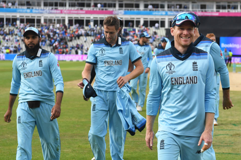 BIRMINGHAM, ENGLAND - JUNE 30: Eoin Morgan of England(R) reacts during the Group Stage match of the ICC Cricket World Cup 2019 between England and India at Edgbaston on June 30, 2019 in Birmingham, England. (Photo by Gareth Copley-IDI/IDI via Getty Images)