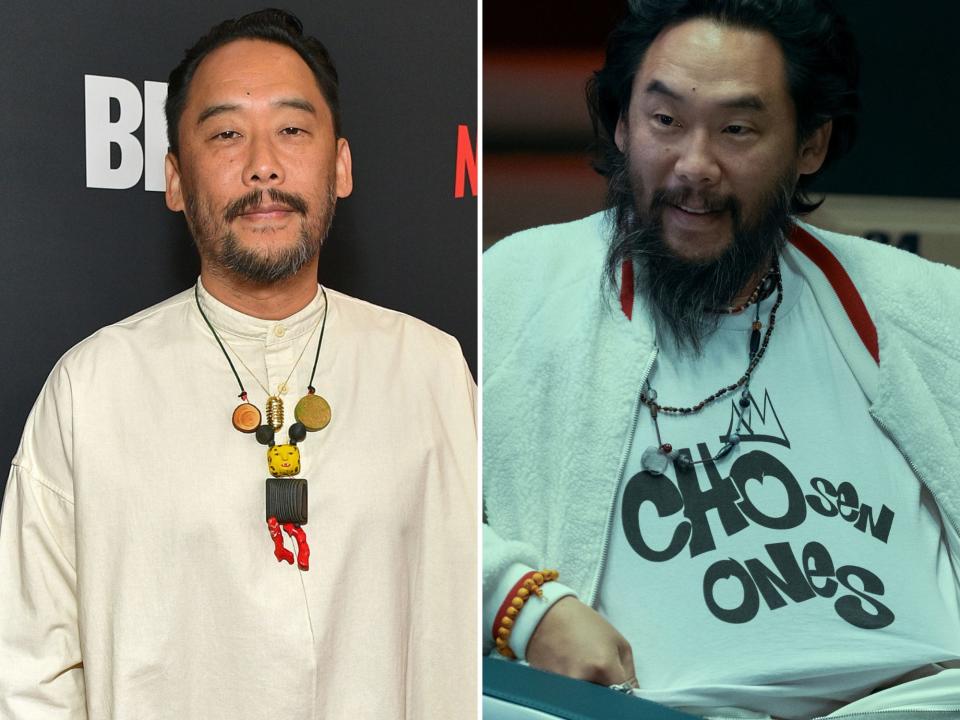 left: david choe at the beef premiere, wearing a white tunic and colorful necklace; right: david choe as isaac in beef, wearing a shirt that says "chosen ones"