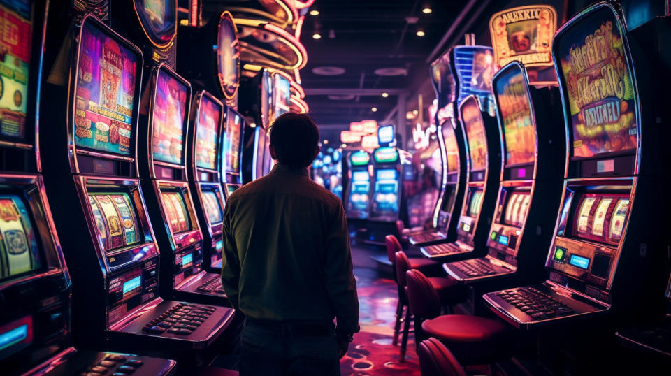 A closeup shot of slot machines and a player nervously waiting for the spin to stop.