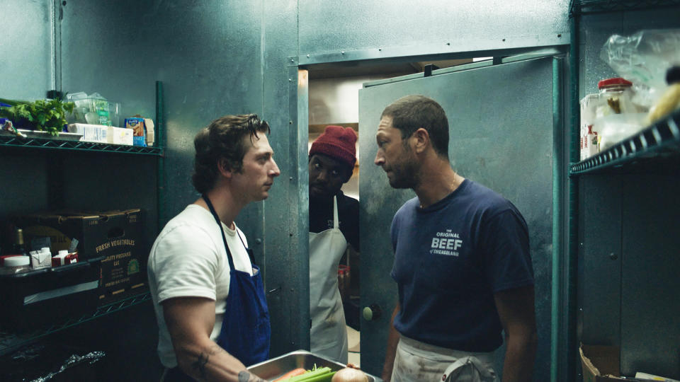 This image released by FX shows Jeremy Allen White, left, and and Ebon Moss-Bachrach in a scene from "The Bear." (FX via AP)