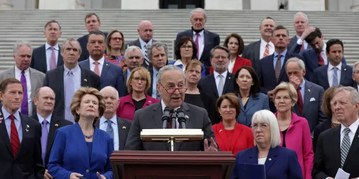 Schumer and Senate Democrats speak about the leaked Supreme Court draft decision at the Capitol on May 3, 2022.