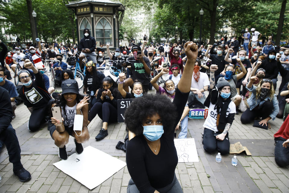 In this Tuesday, June 2, 2020 file photo, demonstrators chant, at Rittenhouse Square in Philadelphia, during a protest over the death of George Floyd, who was killed May 25 by Minneapolis police. State voters next week will decide whether to add a racial equality provision to the state constitution, a measure Pennsylvania state Sen. Vince Hughes introduced last year, two weeks after Floyd died. (AP Photo/Matt Rourke)