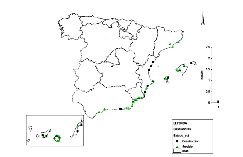 Localización de las principales plantas desaladoras en España (2015). <a href="https://www.miteco.gob.es/es/agua/temas/sistema-espaniol-gestion-agua/33desalaciondisenoconstruccionyexplotacion_tcm30-215756.pdf" rel="nofollow noopener" target="_blank" data-ylk="slk:Ministerio de Transición Ecológica;elm:context_link;itc:0;sec:content-canvas" class="link ">Ministerio de Transición Ecológica</a>