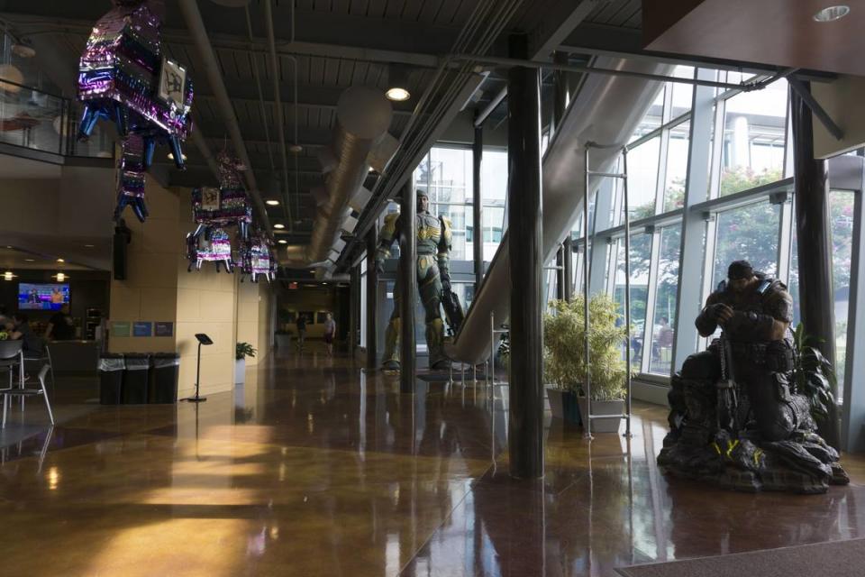 The inside of Cary-based Epic Games’ headquarters, where characters from its video games have statues located in the cafeteria.