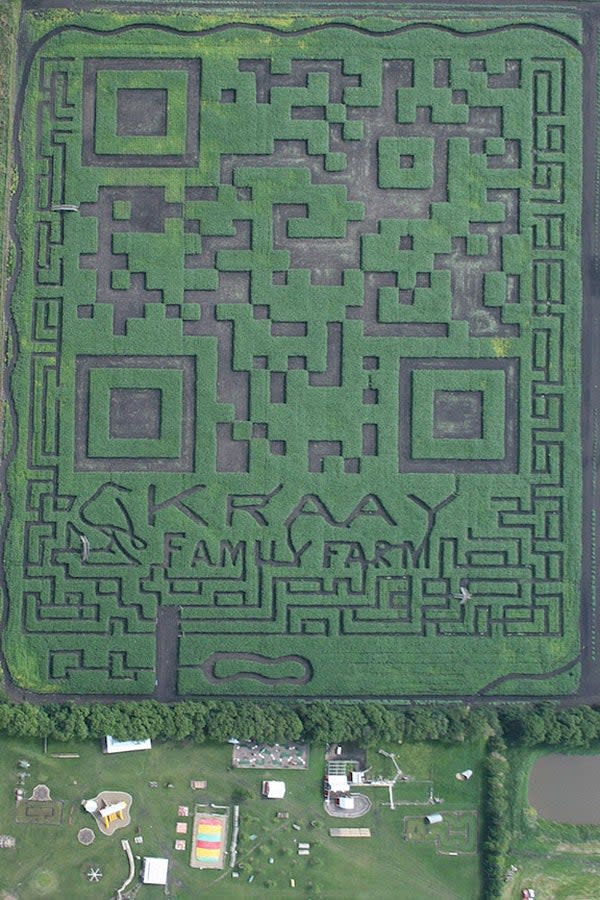 The corn maze that won the world record for largest scannable QR Code is displayed; it also says Kraay Family Farms. 