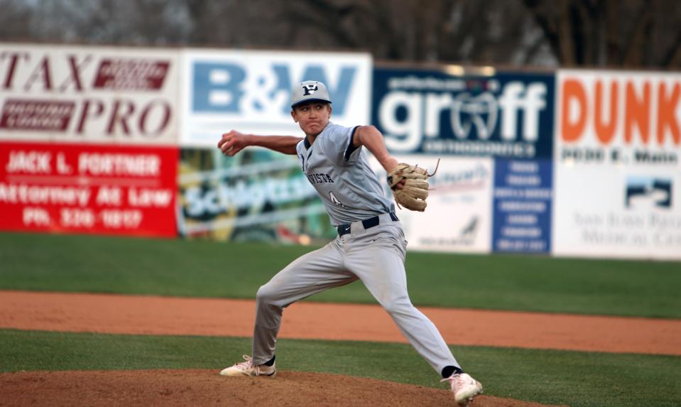 Piedra Vista pitcher Dax Vigil prepares to throw a pitch in the bottom of the third inning against Farmington in the championship game of the Scorpion Invitational Tournament, Saturday, March 19, 2022 at Ricketts Park