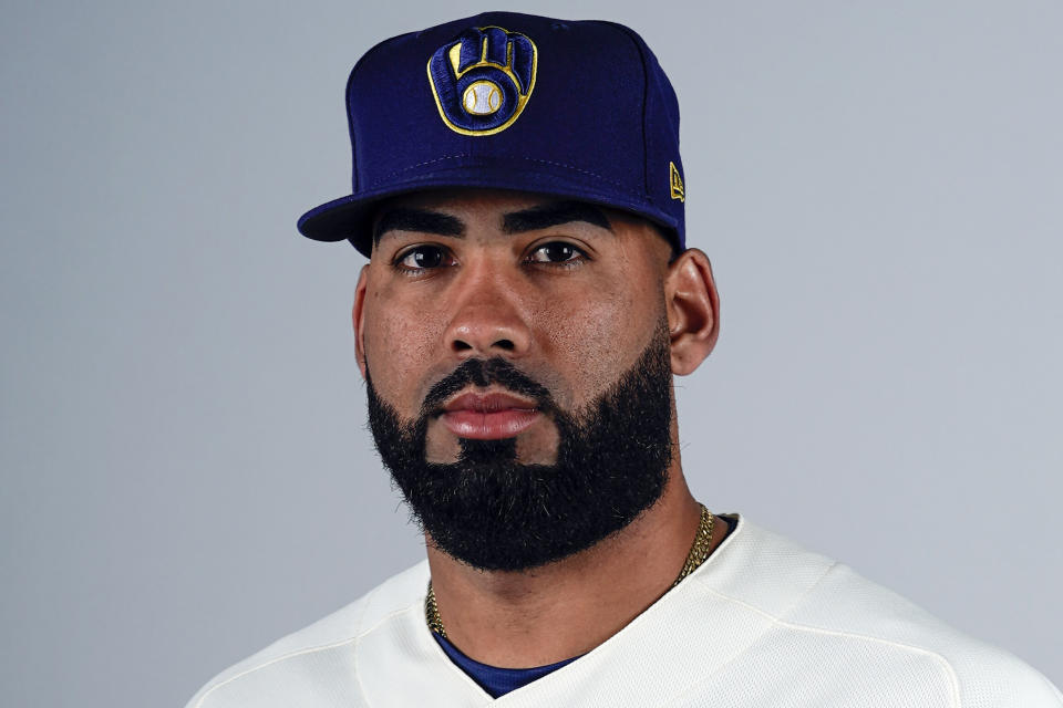 FILE - This is a 2023 photo of J.C. Mejia. This image reflects the Milwaukee Brewers active roster as of Wednesday, Feb. 22, 2023, when the photo was taken. Brewers right-hander J.C. Mejía was suspended 162 games by Major League Baseball on Wednesday, Sept. 20, 2023, after testing positive for a performance-enhancing drug. (AP Photo/Morry Gash, File)