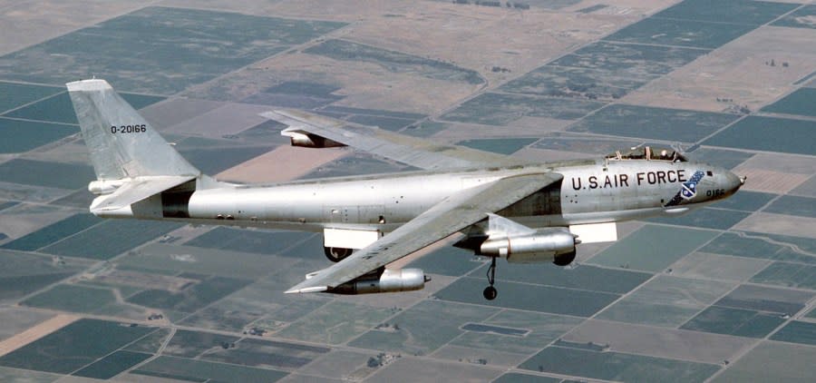 An aerial photo shows the final flight for the U.S. Air Force's B-47 Stratojet bomber in 1986. It was flown from a Naval Air Weapons Base to the museum at Castle Air Force Base in California. (Courtesy U.S. Air Force/Public Domain)