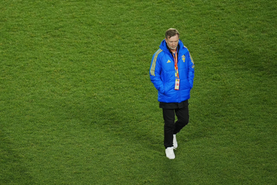 Sweden's head coach Peter Gerhardsson leaves after their loss in the Women's World Cup semifinal soccer match between Sweden and Spain at Eden Park in Auckland, New Zealand, Tuesday, Aug. 15, 2023. (AP Photo/Abbie Parr)