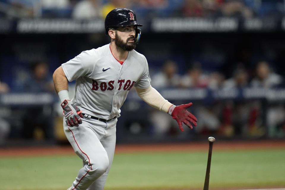 Boston Red Sox's Connor Wong runs the bases after hitting an RBI triple off Tampa Bay Rays starting pitcher Tyler Glasnow during the third inning of a baseball game Wednesday, Sept. 6, 2023, in St. Petersburg, Fla. (AP Photo/Chris O'Meara)