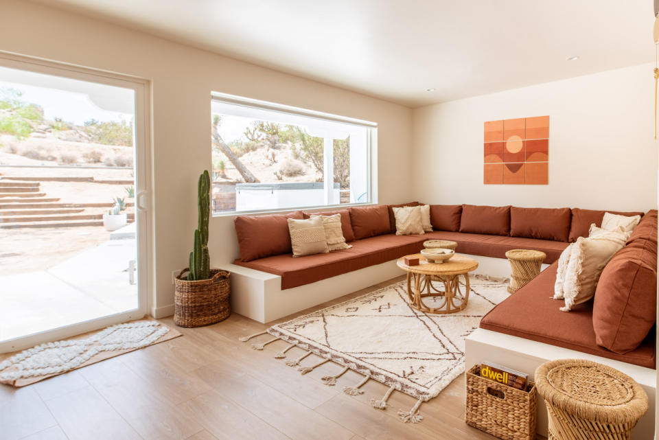 A living room with large seating area