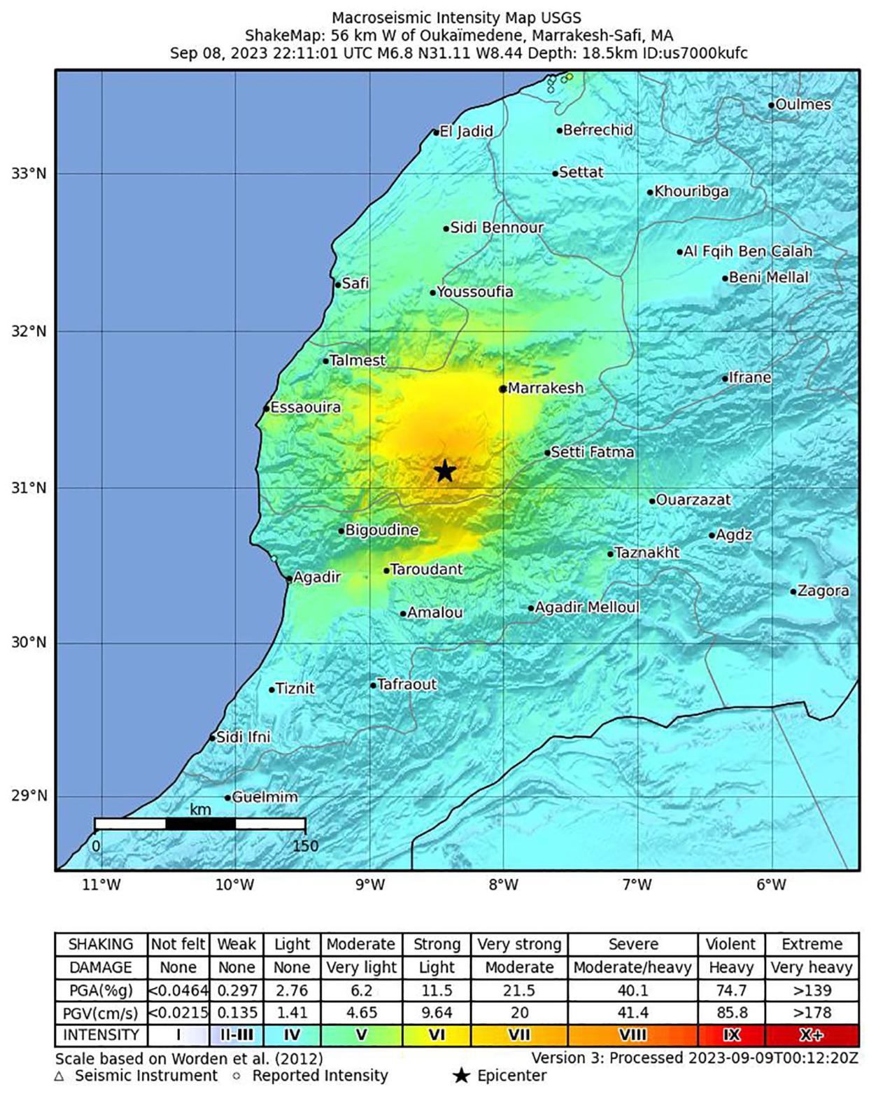 A handout shakemap made available by the United States Geological Survey (USGS) shows the location of a 6.8-magnitude earthquake hitting near Marrakech on 8 September (EPA/USGS)