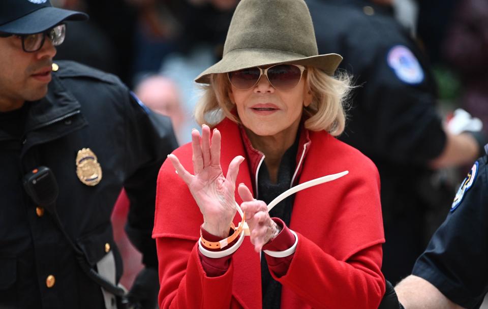 <strong>"You see this coat? I needed something red and I went out and found this coat on sale. This is the last article of clothing that I will ever buy."</strong> — Jane Fonda, sharing that the red jacket she's been arrested in during the past four Fire Drill Fridays will be <a href="https://people.com/style/jane-fonda-red-coat-shopping-clothing-protest-climate-change/" rel="nofollow noopener" target="_blank" data-ylk="slk:the last thing she buys;elm:context_link;itc:0;sec:content-canvas" class="link ">the last thing she buys</a> in an attempt to reduce waste and combat climate change, in a speech during last week's protest