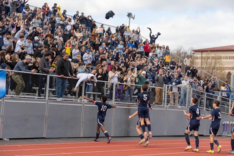 Beacon and their fans celebrate their win over Christian Brother's Academy in the New York State Class A Soccer Semifinals in Monroe, NY on November 12, 2022. ALLYSE PULLIAM/For the Poughkeepsie Journal