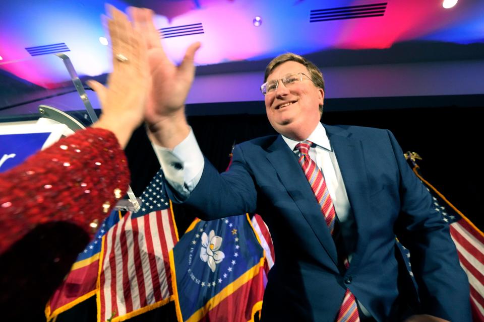 Mississippi Republican Gov. Tate Reeves greets a supporter before speaking to supporters at his gubernatorial reelection watch party in Flowood, Miss., Tuesday, Nov. 7, 2023.