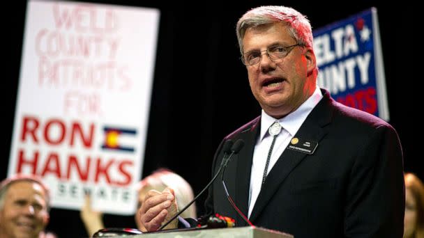 PHOTO: Senate candidate Ron Hanks speaks during the GOP Assembly at the World Arena on in Colorado Springs, Colo., April 9, 2022. (Hugh Carey/AP, FILE)