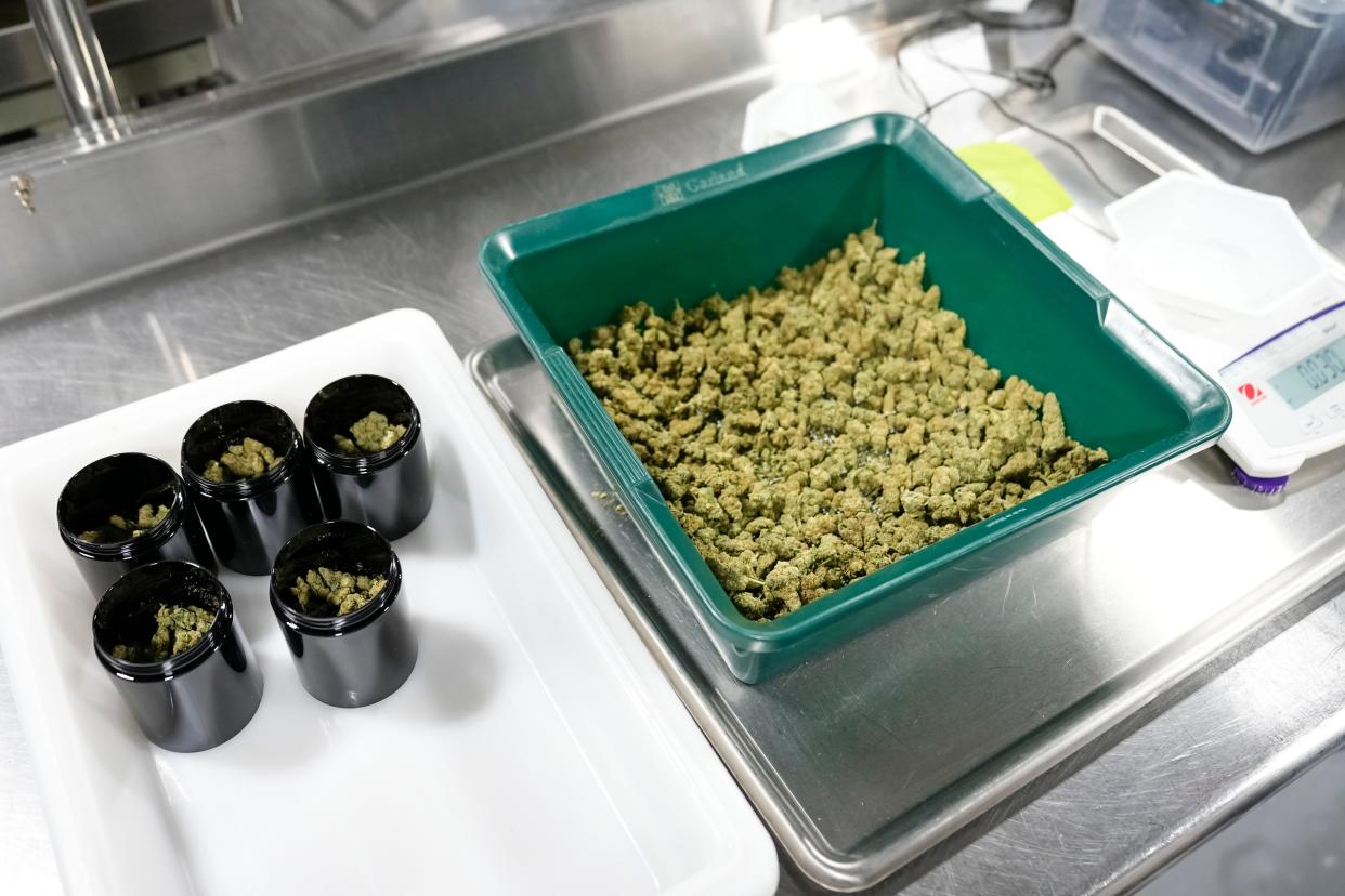 Cresco Labs employees package marijuana in a room at the company's Yellow Springs facility on May 15.