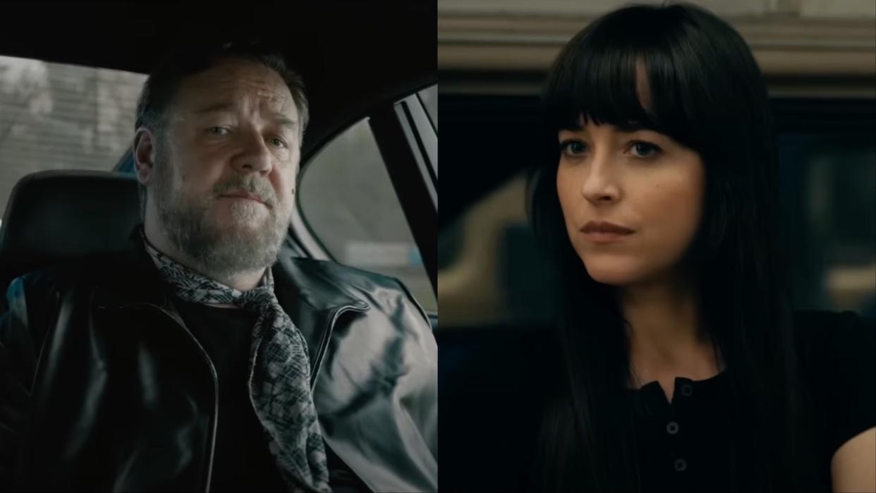  Russell Crowe sitting in car during Kraven the Hunter, and Dakota Johnson sitting in subway train during Madame Web. 