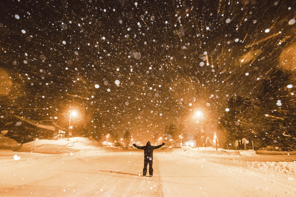 In this photo courtesy of Mammoth Mountain shows a winter storm sweeping in Mammoth Mountain, Calif., early Sunday Feb. 3, 2019. The National Weather Service said 8 feet (2.4 meters) fell at the June Mountain Ski resort north of Mammoth Lakes and up to 3 feet (0.9 meters) were reported in the resorts around Lake Tahoe since Friday. Forecasters said a blizzard from Sunday night to Monday night could bring another 5 feet (1.5 meters) around Lake Tahoe and another 8 feet (2.4 meters) to the highest elevations, and light snow down to the foothills. (Peter Morning/Mammoth Mountain via AP)