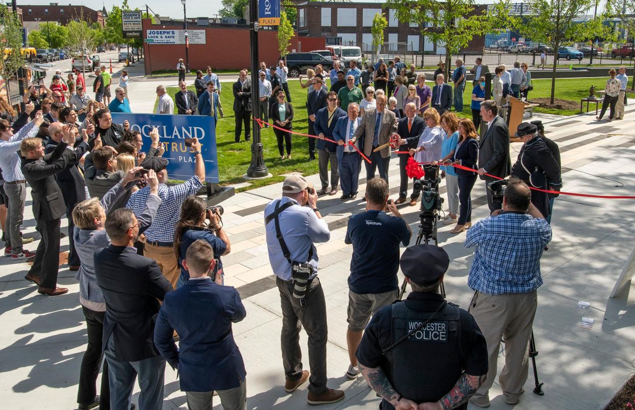 Officials cut the ribbon on the new Rockland Trust Plaza that connects Green Street to Polar Park on May 23, 2022.