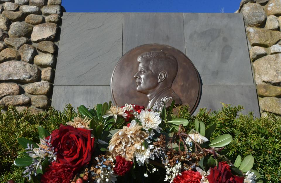 Flowers adorn the JFK Memorial in Hyannis in remembrance of the 59th anniversary in 2022 of his assassination in Dallas on November 22, 1963.