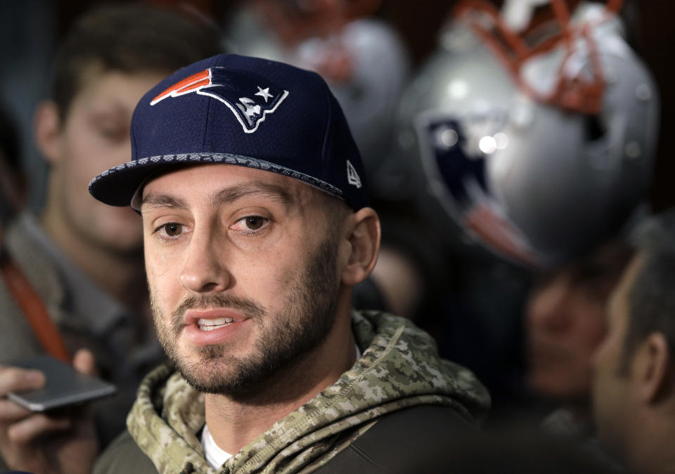 Backup QB Brian Hoyer was a popular man Thursday, but offered little insight into Tom Brady's hand injury. (AP) 