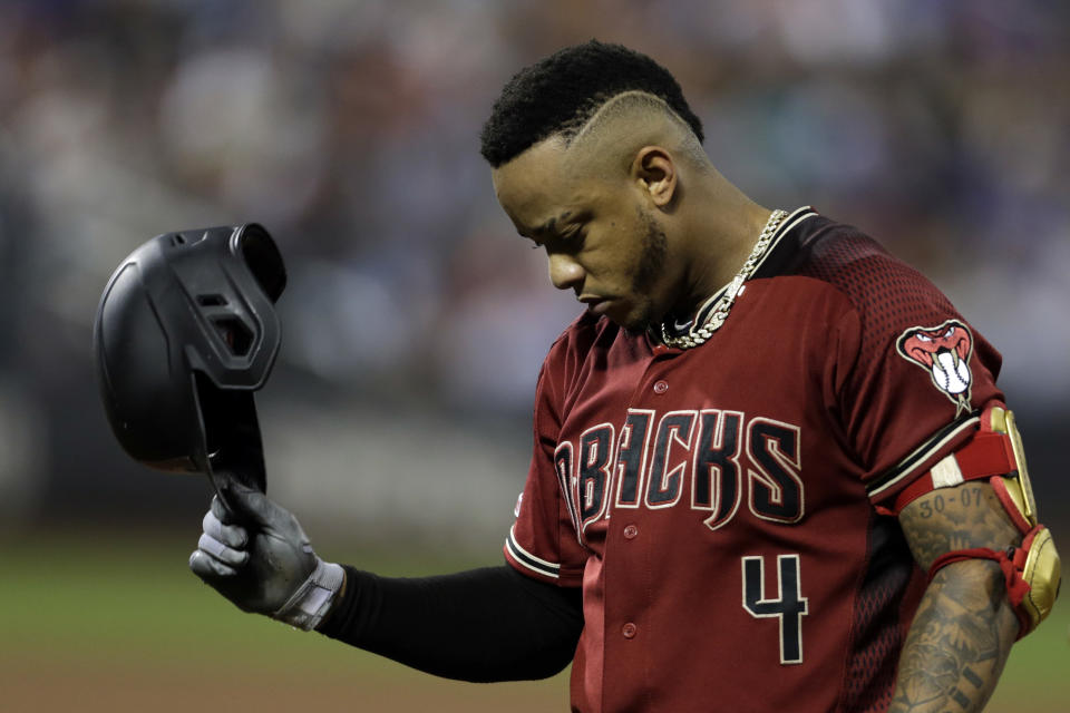 Sep 11, 2019; New York City, NY, USA; Arizona Diamondbacks center fielder Ketel Marte (4) reacts after grounding out against the New York Mets during the fifth inning at Citi Field. Mandatory Credit: Adam Hunger-USA TODAY Sports