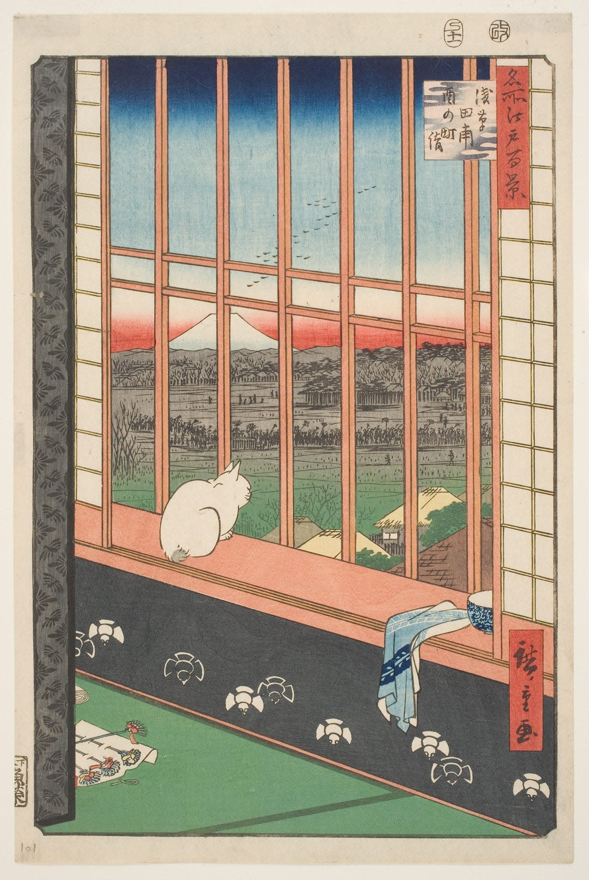 The pleasures of domestic life pop up time and again in "The Floating World," a show of Japanese woodblock prints at the Blanton Museum of Art. This is Utagawa Hiroshige's "Asakusa Rice Fields and Torinomachi Festival," from the series "One Hundred Famous Views of Edo," 1857