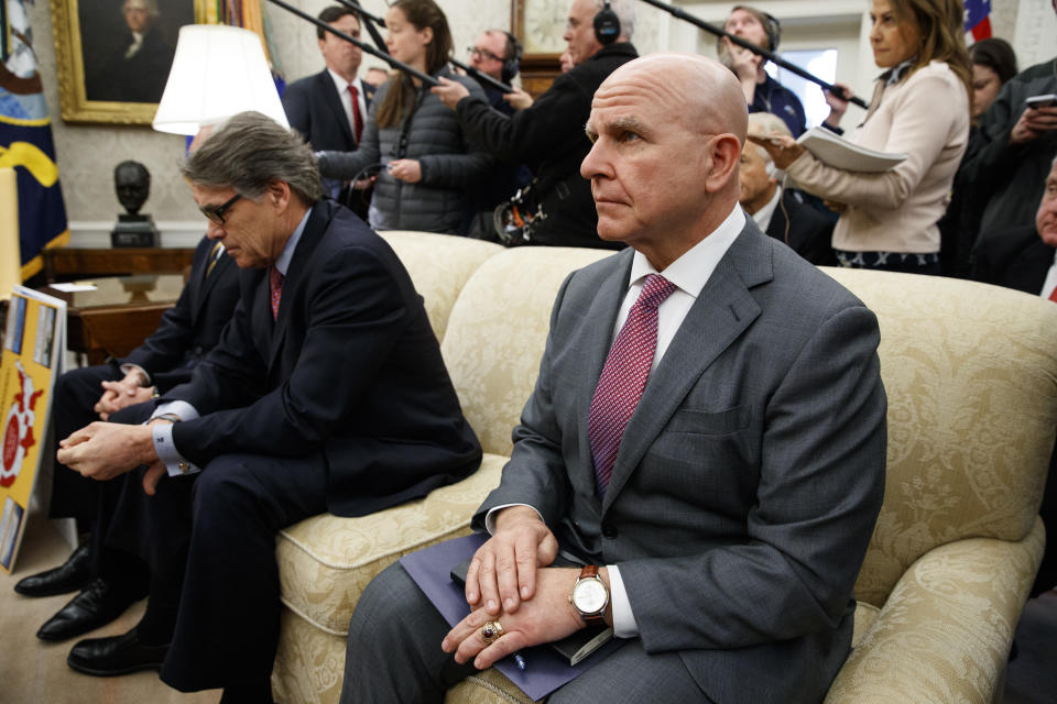 National Security Adviser H.R. McMaster, right, sits with Energy Secretary Rick Perry during a meeting between President Donald Trump and Saudi Crown Prince Mohammed bin Salman in the Oval Office of the White House on March 20, 2018, in Washington. (Photo: Evan Vucci/AP)