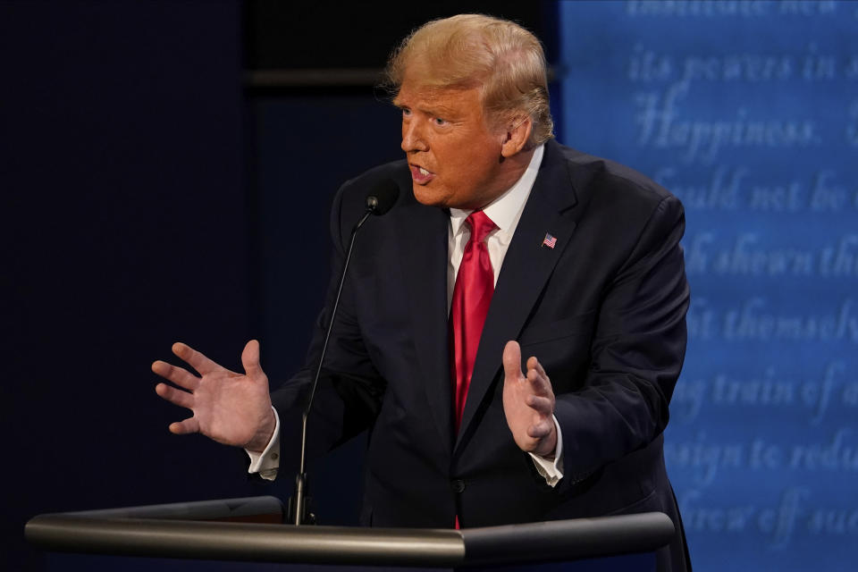 President Donald Trump answers a question during the second and final presidential debate Thursday, Oct. 22, 2020, at Belmont University in Nashville, Tenn. (AP Photo/Morry Gash, Pool)