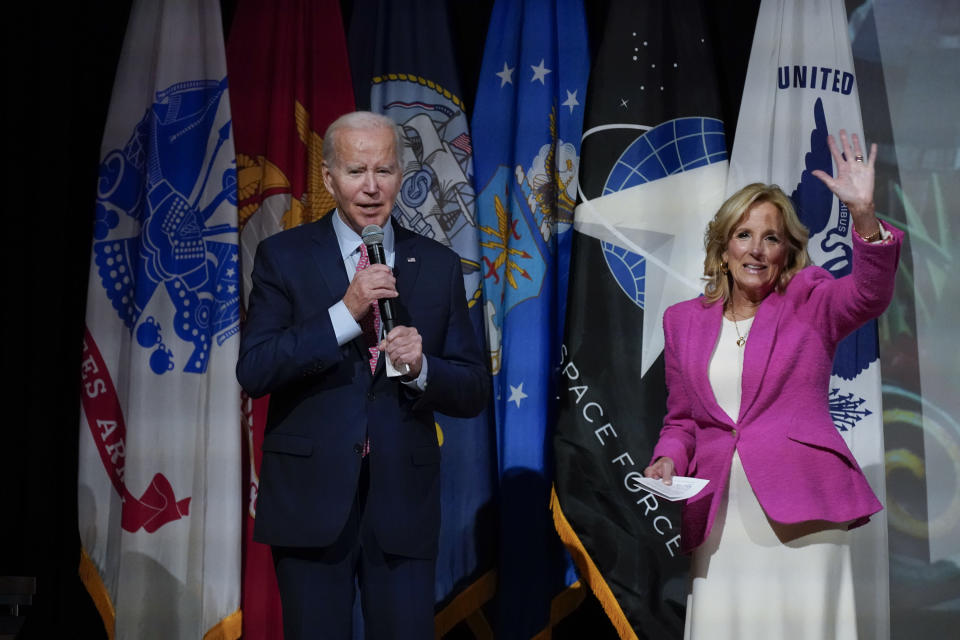 President Joe Biden speaks before a screening of the movie "Wonka" as first lady Jill Biden waves to the audience in Norfolk, Va., Sunday, Nov. 19, 2023. The film is about the early life of Roald Dahl's eccentric chocolatier, Willy Wonka. (AP Photo/Manuel Balce Ceneta)