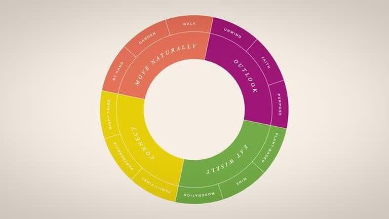 Este círculo señala los aspectos de vida que Dan Buettner observó en las personas longevas de las ciudades donde visitaba. Se resume en cuatro espacios: moverse naturalmente, perspectiva, comer sabiamente y conexión